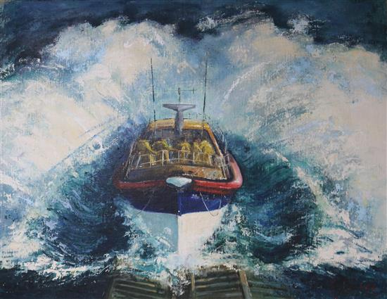 Hawkins, oil on canvas board, Lifeboat setting out to sea, signed, 60 x 75cm